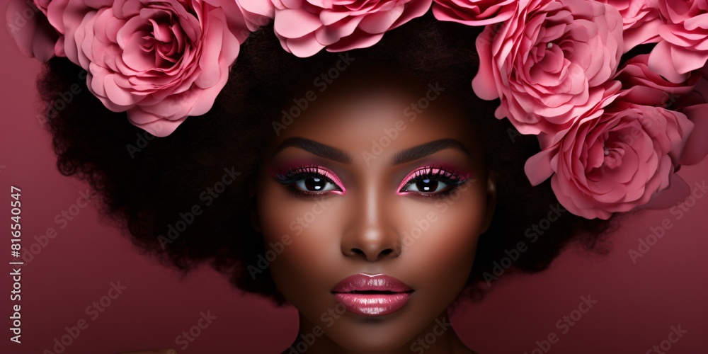 portrait of a elegant woman in a pink shawl, beautiful eyes of a young black woman