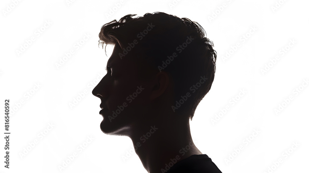 Silhouette portrait of young European man in profile isolated white background : Generative AI Silhouette portrait of young European man in profile isolated white background : Generative AI