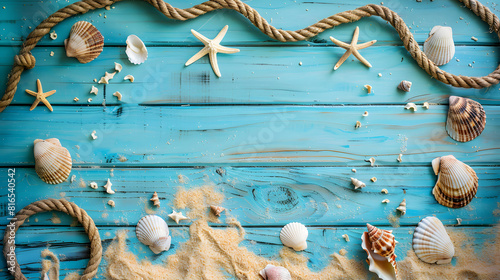 Summer background with sea sand, rope and seashells on blue wooden table top view. Vacation concept