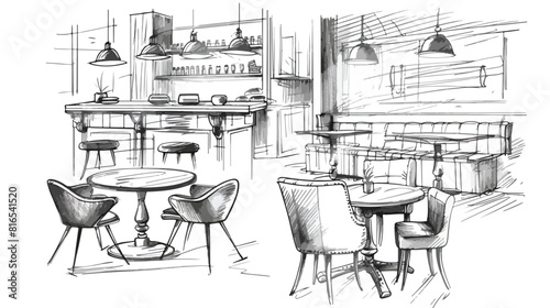 Four of monochrome drawings of cafe interiors