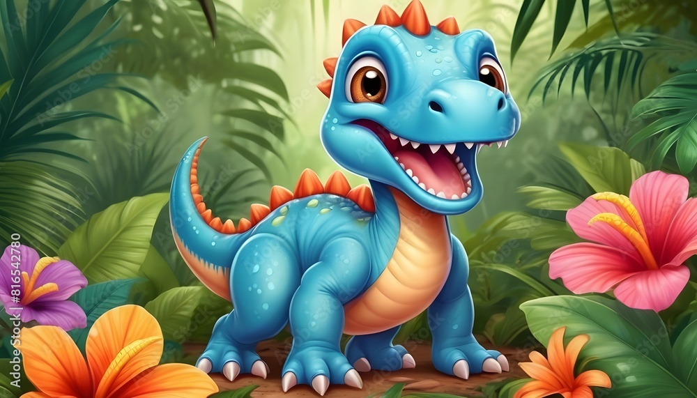 Dinosaurs in the Triassic period age in the green grass land and blue sky background, Habitat of dinosaur, history of world.
