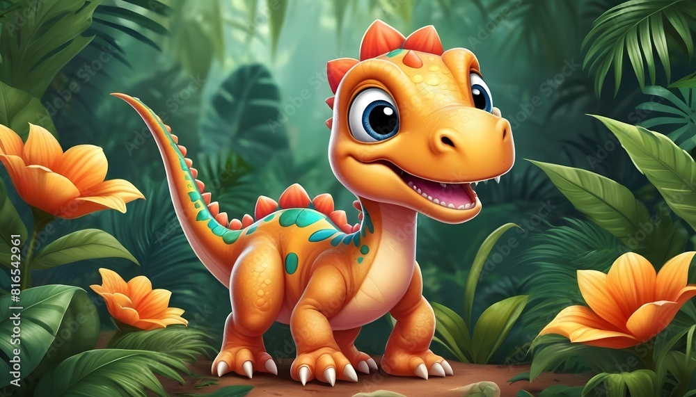 Naklejka premium Dinosaurs in the Triassic period age in the green grass land and blue sky background, Habitat of dinosaur, history of world.