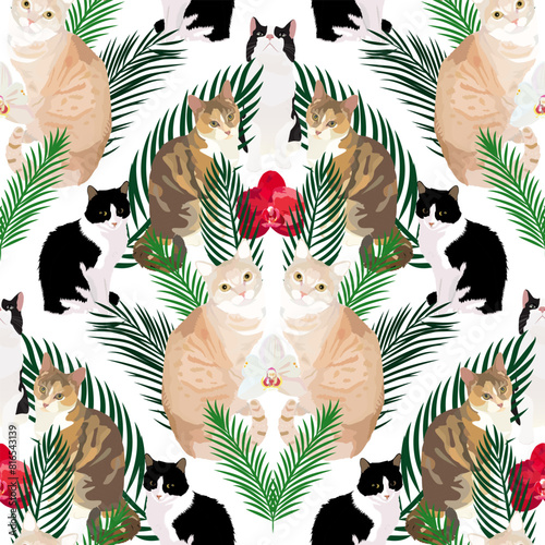 Pattern with cats flowers and greenery. Vector illustration. For print.