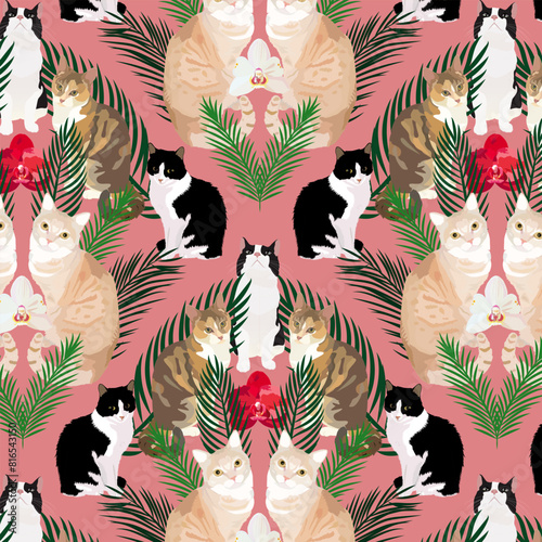 Pattern with cats flowers and greenery. Vector illustration. For print.