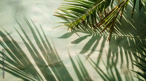 Palm leaves and shadows on the green background, creating an abstract summer concept with copy space. Minimalist flat lay style