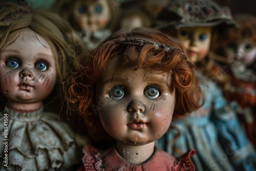 A group of old  creepy looking dolls are lined up in a row