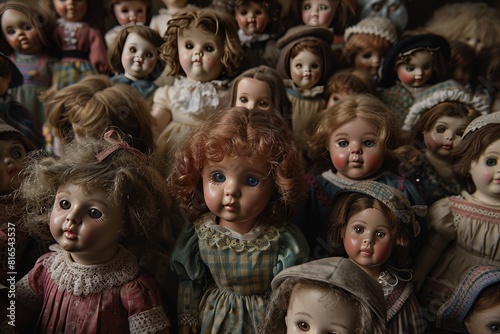A group of old, creepy looking dolls are lined up in a row
