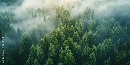 Misty Forest Aerial Photograph with Pine Trees. Foggy, Atmospheric Nature Background. © Павел Озарчук