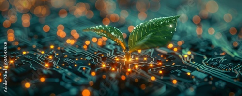 glowing plant growing on computer chip representing digital e photo