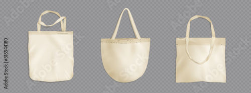 Tote bag mockups set isolated on transparent background. Vector realistic illustration of white fabric eco shoppers with handles, reusable square and round cloth handbags with blank space for branding photo