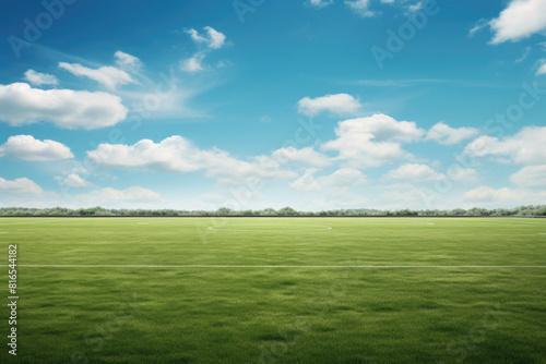 Empty football field on sunny day. Field for sports games is sown with grass. Horizontal background