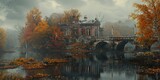 Moody Autumn River Scene with Bridge and Ruined Building.