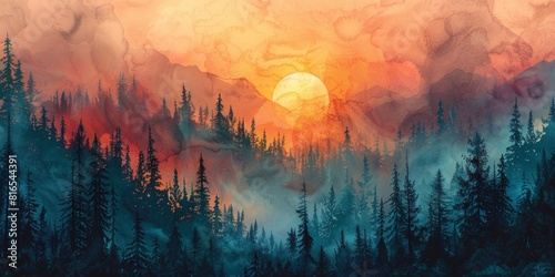 sunrise over mountain forest photo