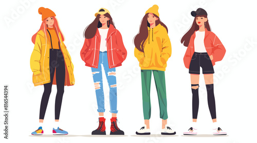 Four of teenage girls dressed in trendy clothing. Four photo