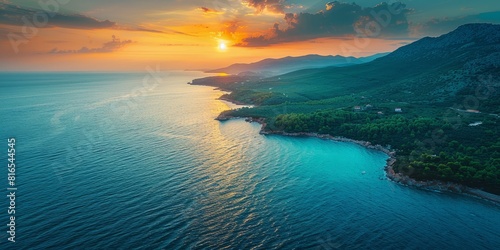 Aerial view of the serene Adriatic coast at sunset photo