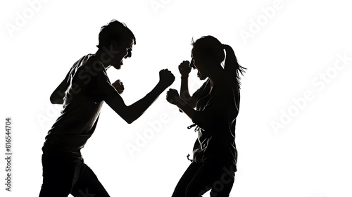 Silhouette of anonymous people on a white background fighting and being rude They are expressing anger with violence and confronting in an aggressive manner : Generative AI