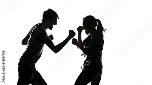 Silhouette of anonymous people on a white background fighting and being rude  They are expressing anger with violence and confronting in an aggressive manner : Generative AI