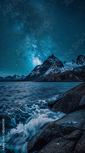 Picturesque landscape of mountain ridge near wavy sea under starry sky at night