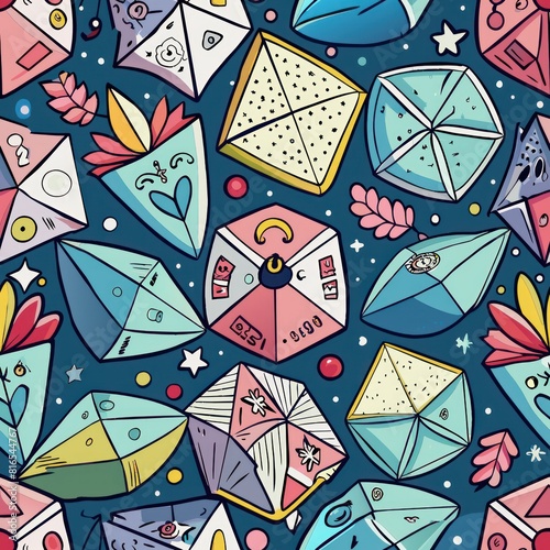Seamless pattern of paper folded fortune tellers and cootie catchers, filled with whimsical messages and predictions, Generative AI photo