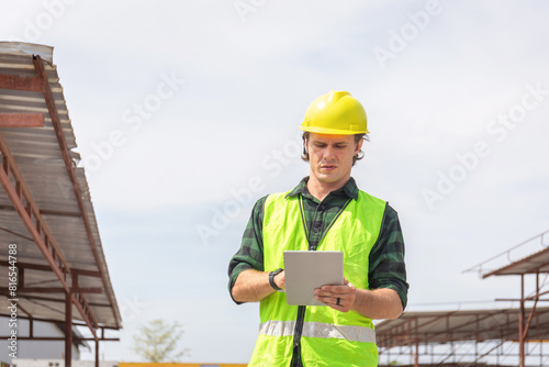 Engineer man in hardhats with tablet on construction site, Foreman checking project at the precast concrete factory site