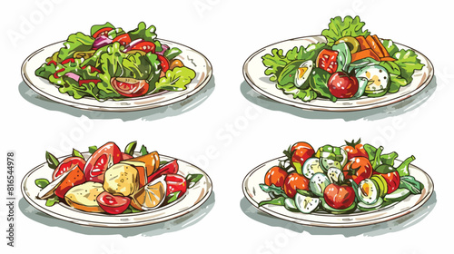 Four of various salads lying on plates and in bowls illustration
