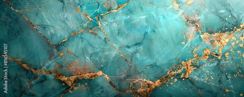 turquoise marble texture background with cracked gold details