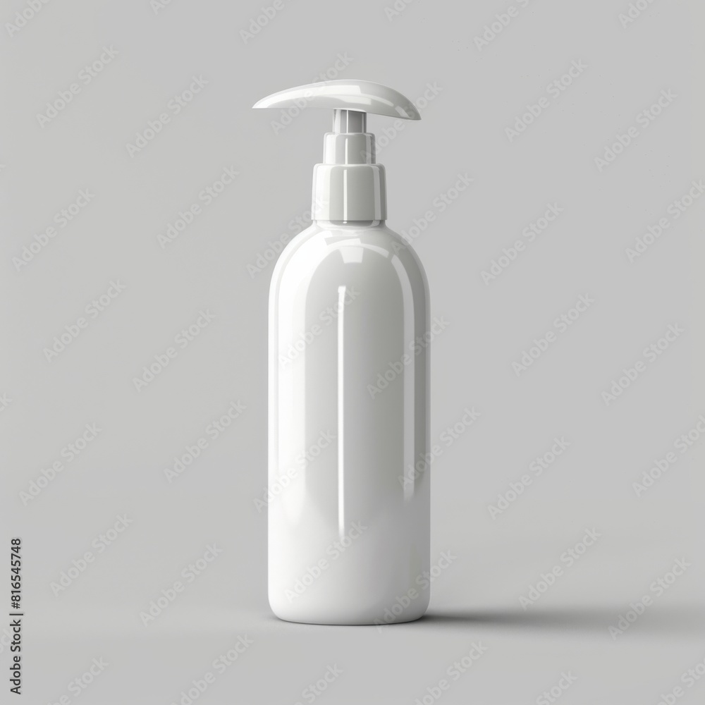 White plastic lotion bottle placed on a neutral gray surface White plastic lotion bottle placed on a neutral gray surface