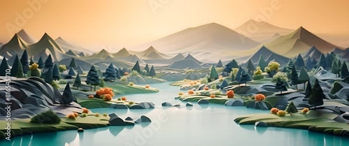 Minimalist 3D-rendered paper-cut of shrinking freshwater reserves, blurred water body background, photo