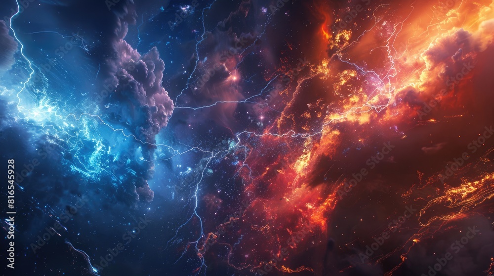 Earth apocalypse concept. Fire and ice space lightnings Earth apocalypse concept. Fire and ice space lightnings