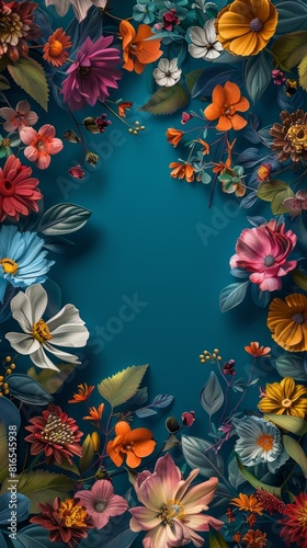 Generative AI illustration of landscape oriented blank frame encircled by a diverse mix of colorful flowers on a teal background
