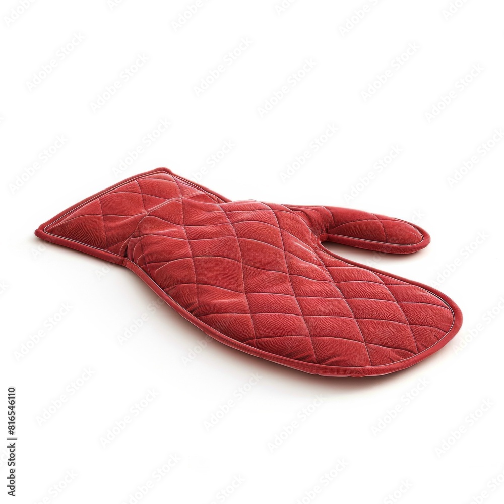 A red quilted oven mitt placed on a clean white background A red quilted oven mitt placed on a clean white background