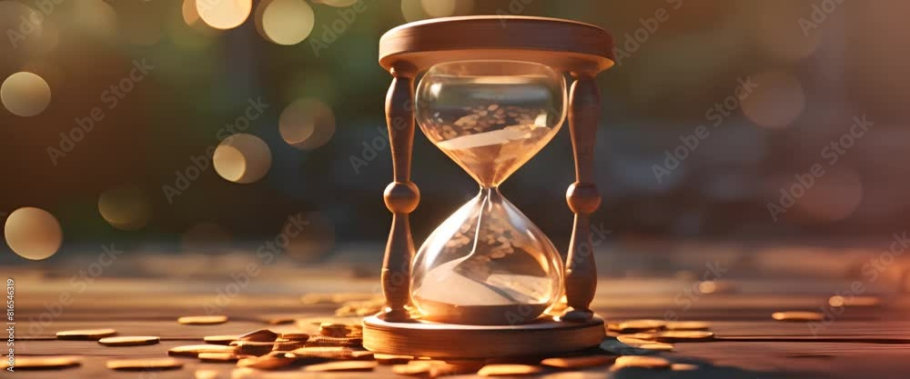 Realistic 3D image of a minimalist hourglass with coins instead of sand running out, fleeting wealth,