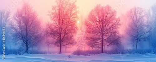 Winter Trees Silhouetted in Pink and Blue Mist. Atmospheric, Snow covered Woodland scene. Seasonal Banner. © Павел Озарчук