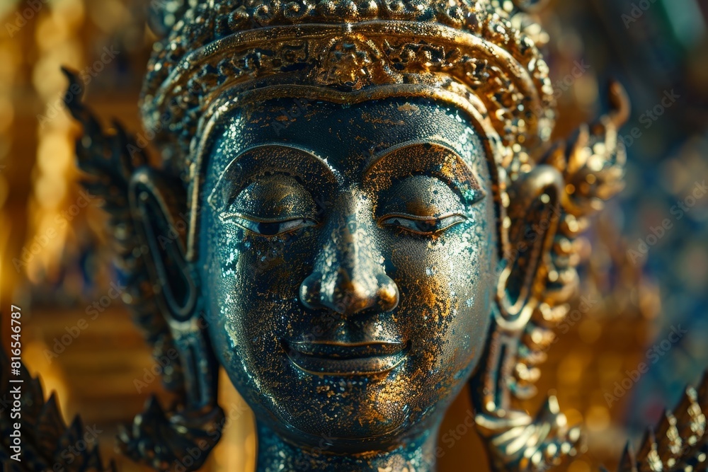 A gold and bronze statue of a person with a serene expression A gold and bronze statue of a person with a serene expression