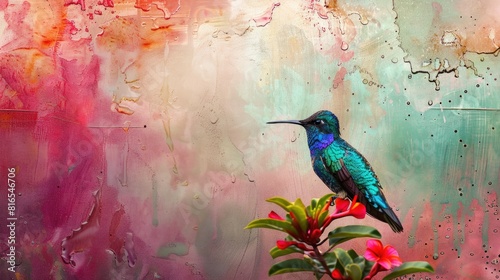Glittering blue, hummingbird, Campylopterus hemileucurus, Violet Sabrewing perched on red flower against abstract, colorful, pink and green tropical background photo
