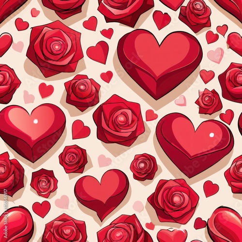 Seamless pattern of three-dimensional paper hearts and roses, blooming with love and affection, Generative AI