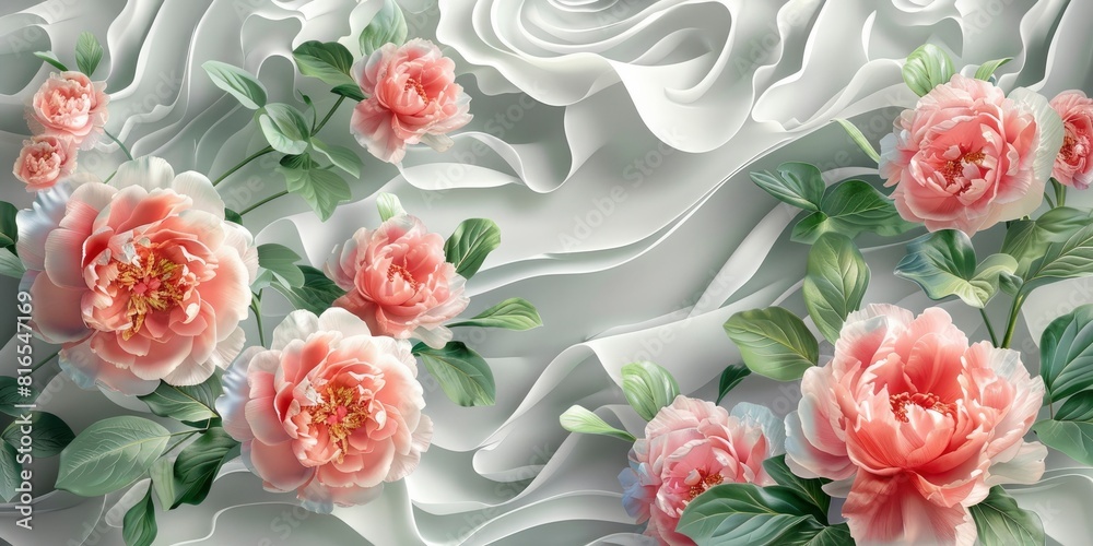 3D wallpaper, pink and grey peonies with green leaves on wave background