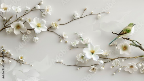 3D wallpaper background with white flowers and a green bird on a l branch.