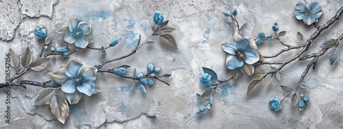 3d wallpaper, grey stone background with blue leaves and flowers .