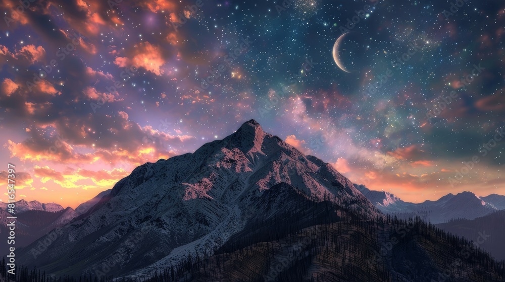 Depict a mountain ridge at twilight, with the last remnants of sunlight fading on the horizon. Above, a night sky emerges, adorned with stars, a crescent moon, and wispy clouds. Generative AI