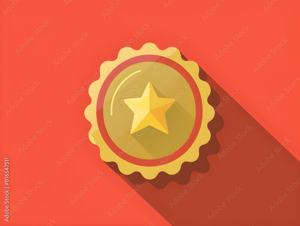 Gold Medal with Star and Scalloped Edge on Vibrant Red Background Casts Long Shadow, Symbolizing Achievement, Excellence, and Recognition | Clean, Minimalistic Design with Glossy, Reflective Gold Medal with Star and Scalloped Edge on Vibrant Red Background Casts Long Shadow, Symbolizing Achievement, Excellence, and Recognition | Clean, Minimalistic Design with Glossy, Reflective
