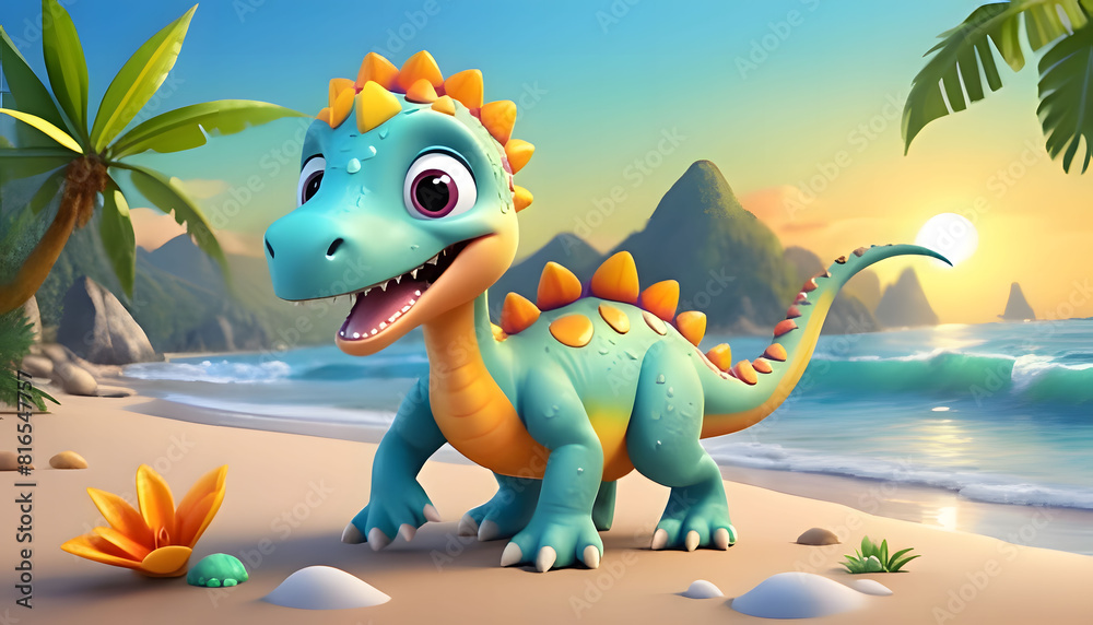 Dinosaurs in the Triassic period age in the green grass land and blue sky background, Habitat of dinosaur, history of world. Dinosaurs in the Triassic period age in the green grass land and blue sky background, Habitat of dinosaur, history of world.