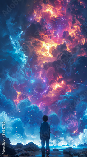 A child stands on a beach, mesmerized by a stunning, fiery cosmic display lighting up the sky with vibrant colors.