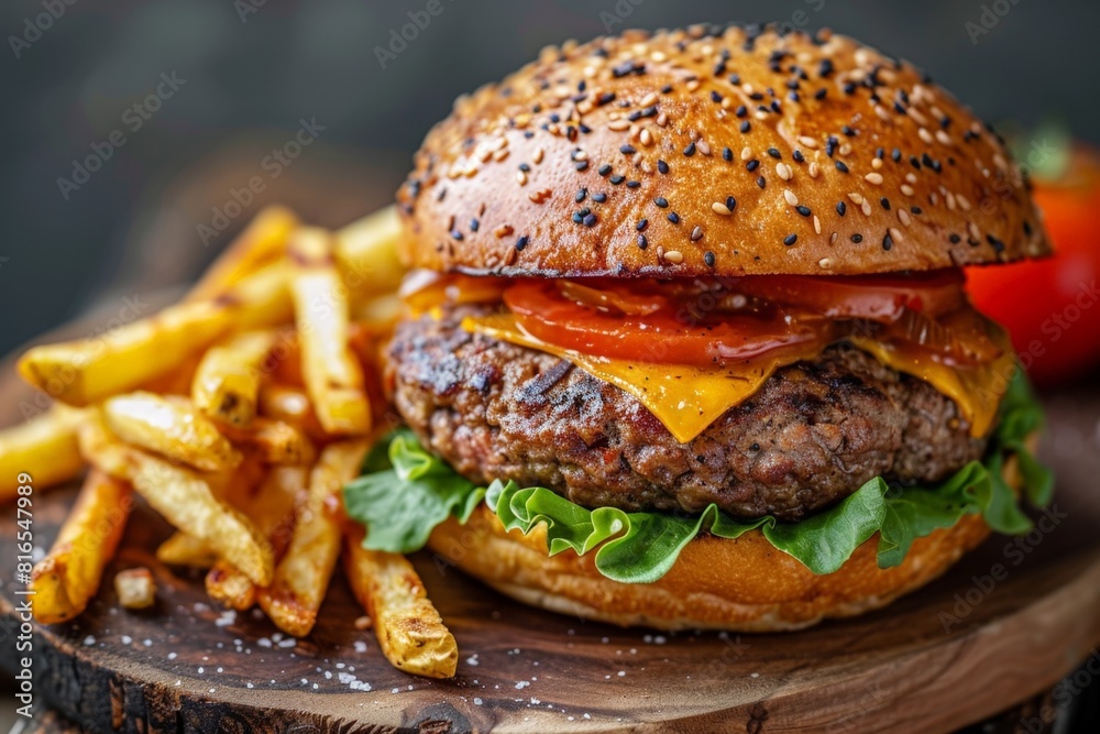 Juicy cheeseburger with grilled onions, ripe tomatoes, and a generous serving of French fries Juicy cheeseburger with grilled onions, ripe tomatoes, and a generous serving of French fries