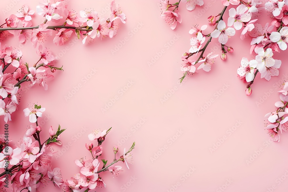 Elegant Springtime Cherry Blossoms Frame a Pink Background. Minimalist Floral Arrangement. Ideal for Invitations and Greetings. Generative AI. Elegant Springtime Cherry Blossoms Frame a Pink Background. Minimalist Floral Arrangement. Ideal for Invitations and Greetings. Generative AI.