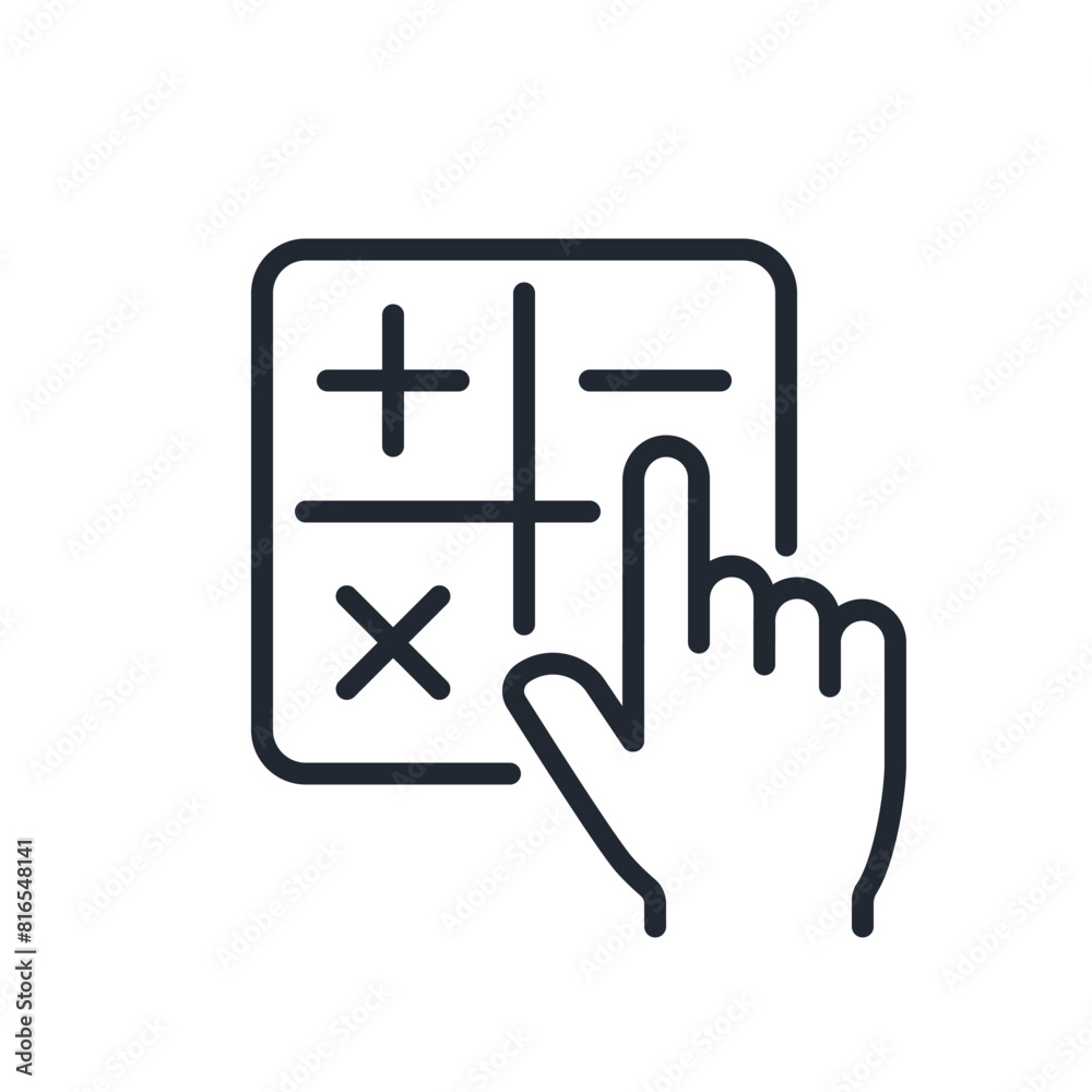 Accounting and finance concept. Hand pointing with finger on calculator editable stroke outline icon isolated on white background flat vector illustration. Pixel perfect. 64 x 64. Accounting and finance concept. Hand pointing with finger on calculator editable stroke outline icon isolated on white background flat vector illustration. Pixel perfect. 64 x 64.