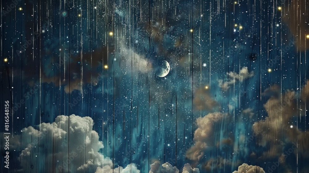 Scenes featuring the night sky adorned with stars, the moon, clouds, and a wooden backdrop. Generative AI