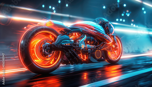 A futuristic motorcycle with neon lights on the wheels and body by AI generated image