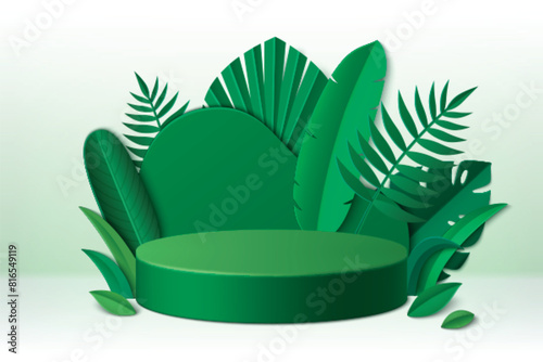 Green cylinder product podium with paper cut tropical leaf. Realistic 3d vector organic background of studio room interior with wall and floor, goods display platform mockup with origami foliage.