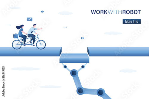 Connect bridge for support team to success, solution or assistance concept. Robot with ai helping business group